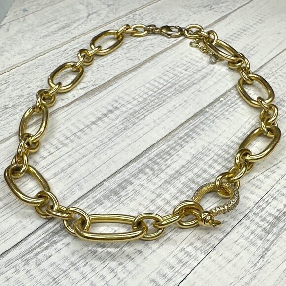 Express Necklace Oval Chain Link Crystal Encrusted Horseshoe Detail Gold Tone Ad - Picture 3 of 3